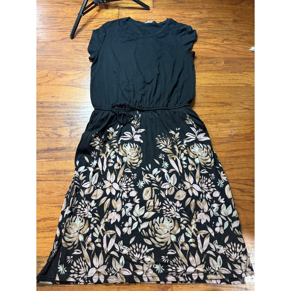 Esimier Fariry Black Floral Drawstring Waist Midi Dress with Pockets Large